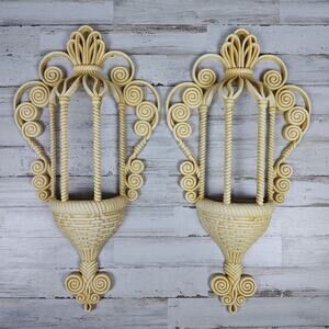 Vintage 1972 Burwood Wall Pockets Pair Faux Wicker Plastic Wall Planters USA